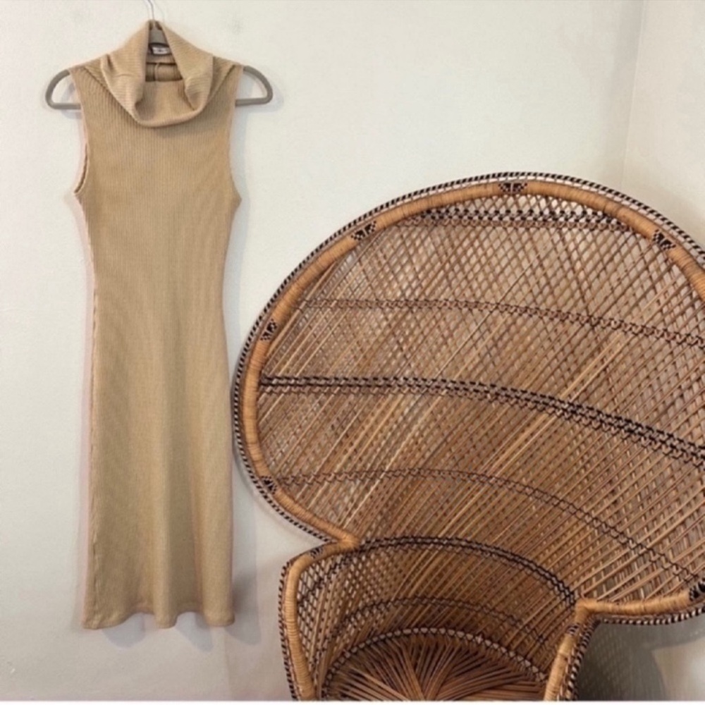 Vintage Portrait Tan ribbed stretchy lightweight cowl neck bodycon midi dress